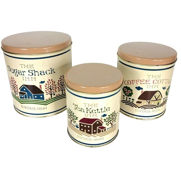 VTG Farmhouse Nesting Set of Three Tins Tea Kettle Coffee Cottage Sugar Shack - Picture 6 of 12